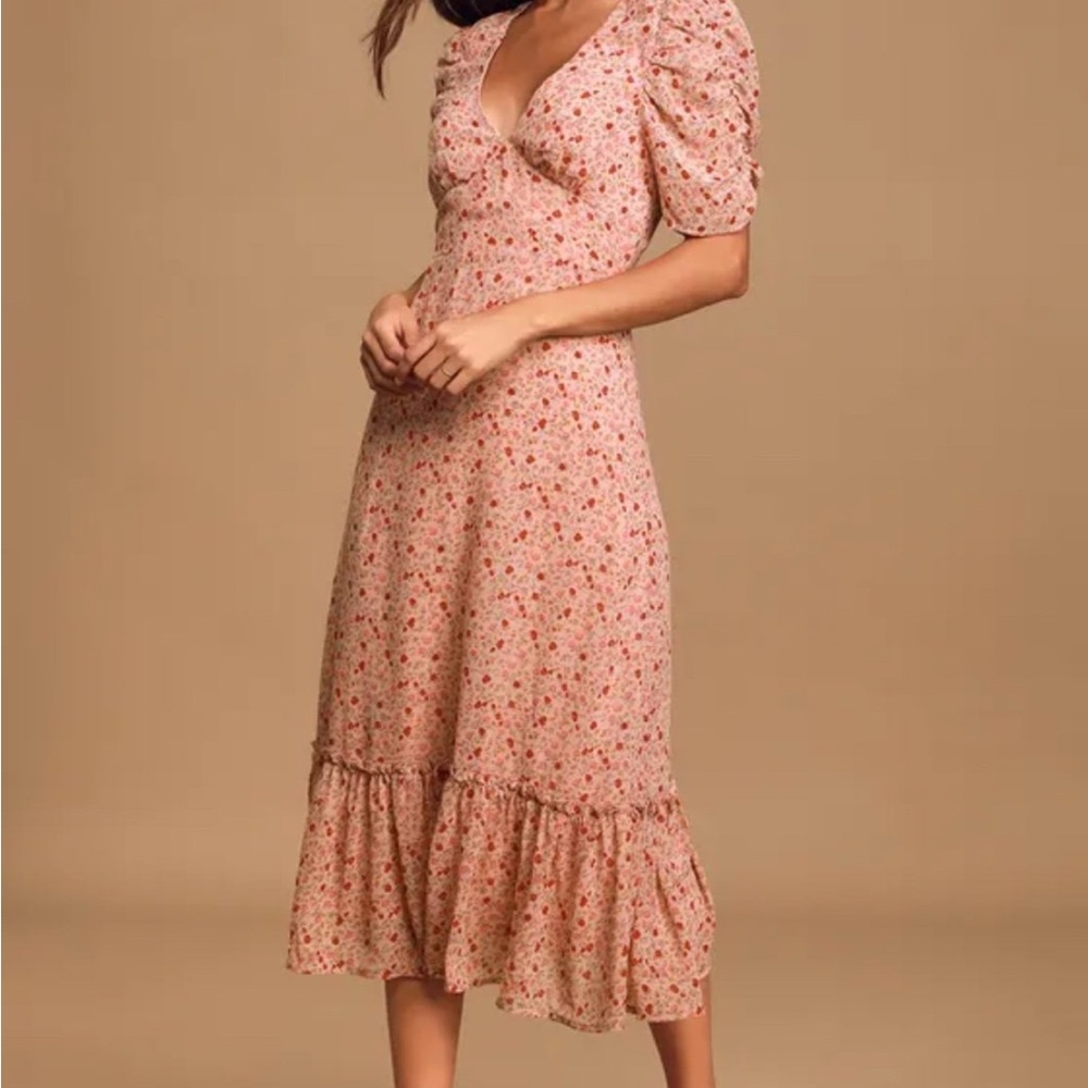 Lulu's Pink Floral Puff Sleeve Midi Dress